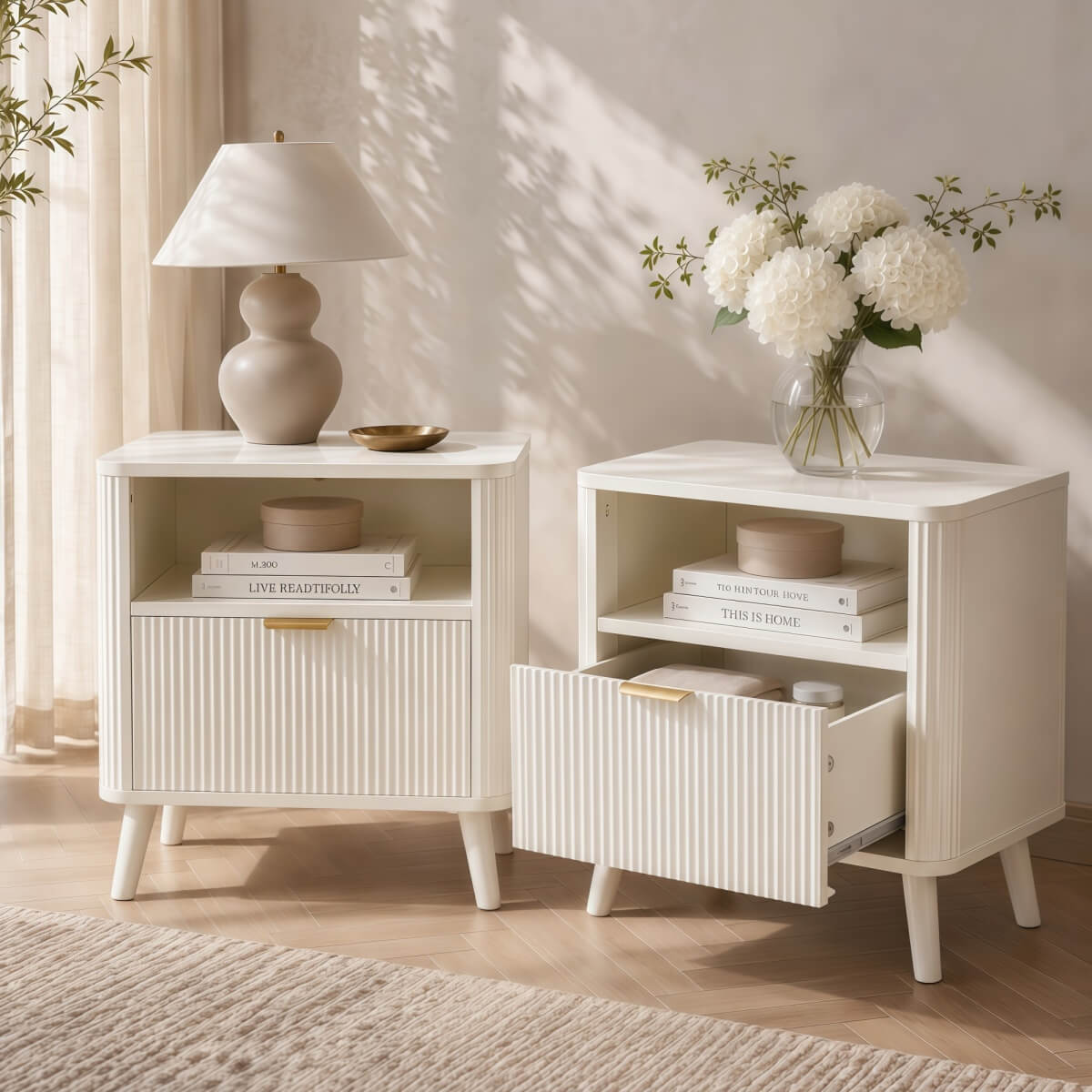 Set of 2 Fluted Bedside Tables - Drawer and Open Shelf, Rounded Corners, Gold Handles and 4-Leg Solid Wood Base, Cream White