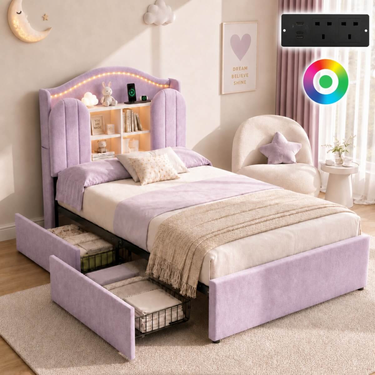 3ft Single Kids Upholstered Bed - House-Inspired LED Storage Headboard, Charging Station and 2 Reversible Drawers, Purple
