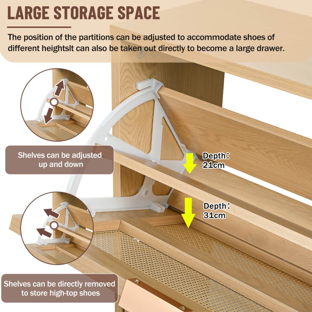Rattan Shoe Storage Cabinet with 4 Flip Drawers - Wooden Hallway Shoe Organiser, Light Oak