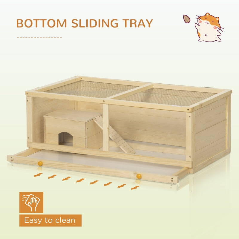 Wooden Hamster Cage with Sliding Tray, Openable Top, Hut, Natural Wood