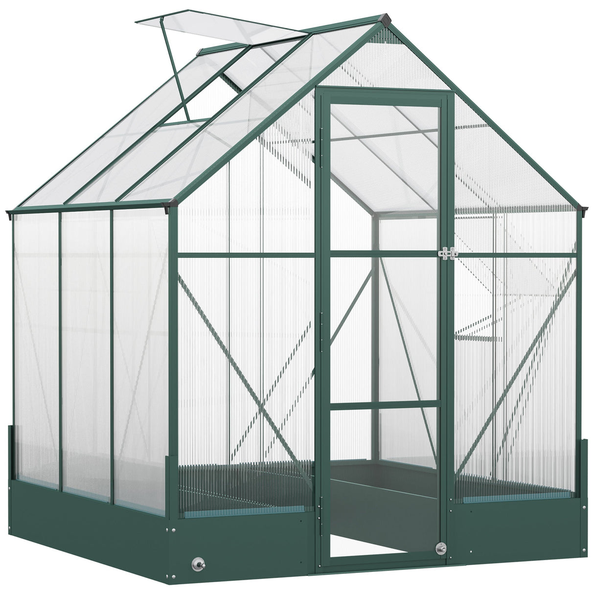 6x6 FT Polycarbonate Greenhouse with Base and Raised Bed, Walk-in with Temperature Controlled Window, Aluminium