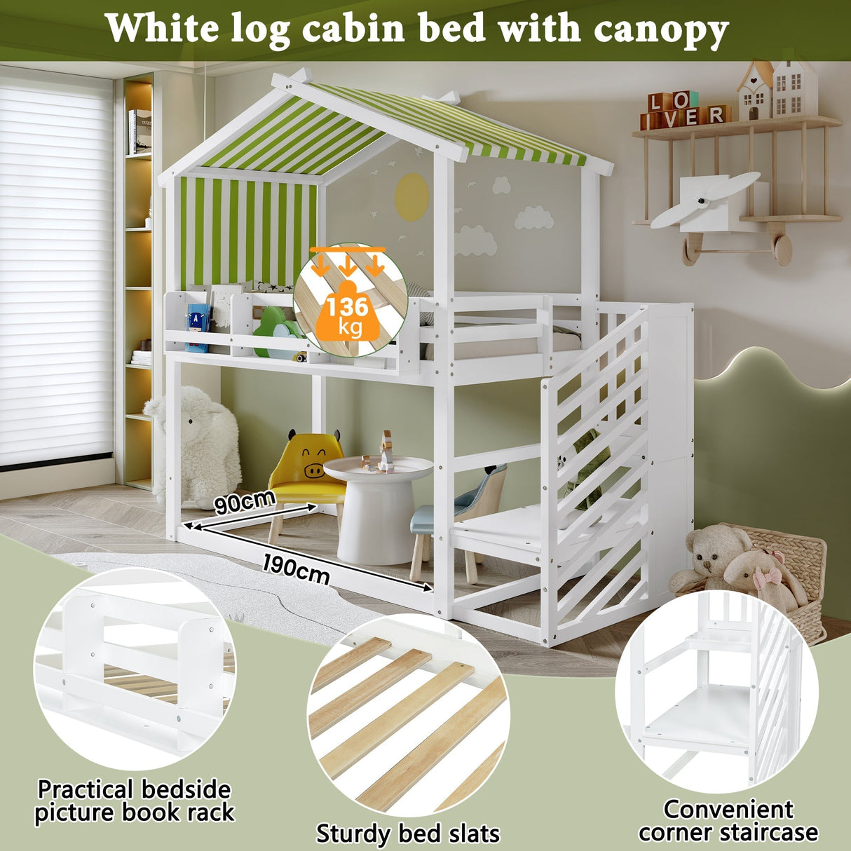 Bunk Bed with Decorative Canopy, Corner Staircase & Picture Bookshelf, 3ft 90x190cm, MDF Pinewood Plywood, White + Green