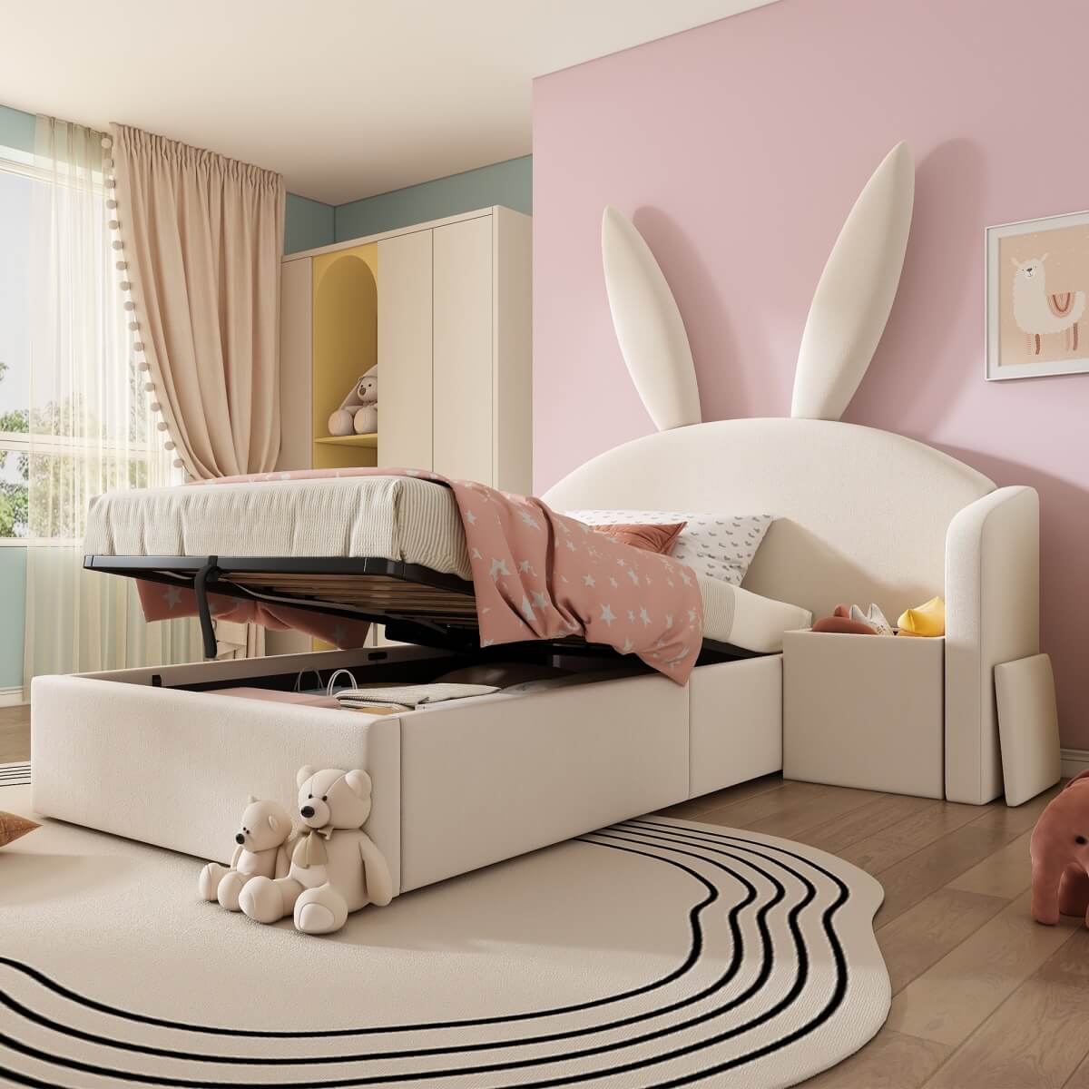 3ft Bunny Ears Kids Storage Bed with Hydraulic Lift & Bedside Shelf - Upholstered Single Bed, Beige