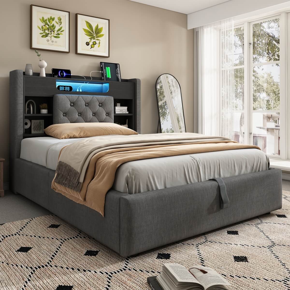 4ft6 Double Upholstered Storage Bed with Hydraulic Lift - LED Lighting & Charging Station, Linen, Grey