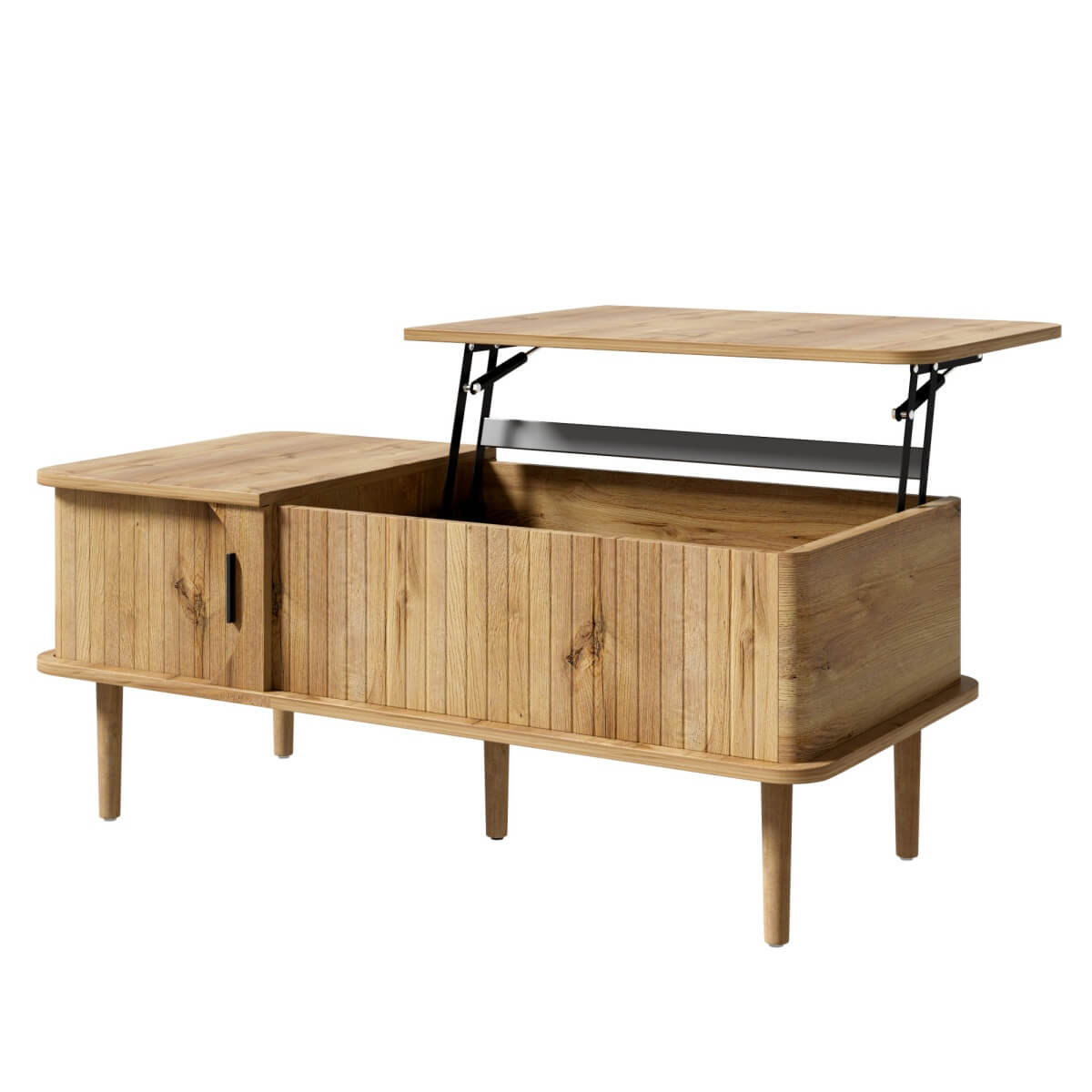 Retro Lift Top Coffee Table with Sliding Door - Wood Effect Finish, Vertical Slat Design and Wooden Legs, Natural