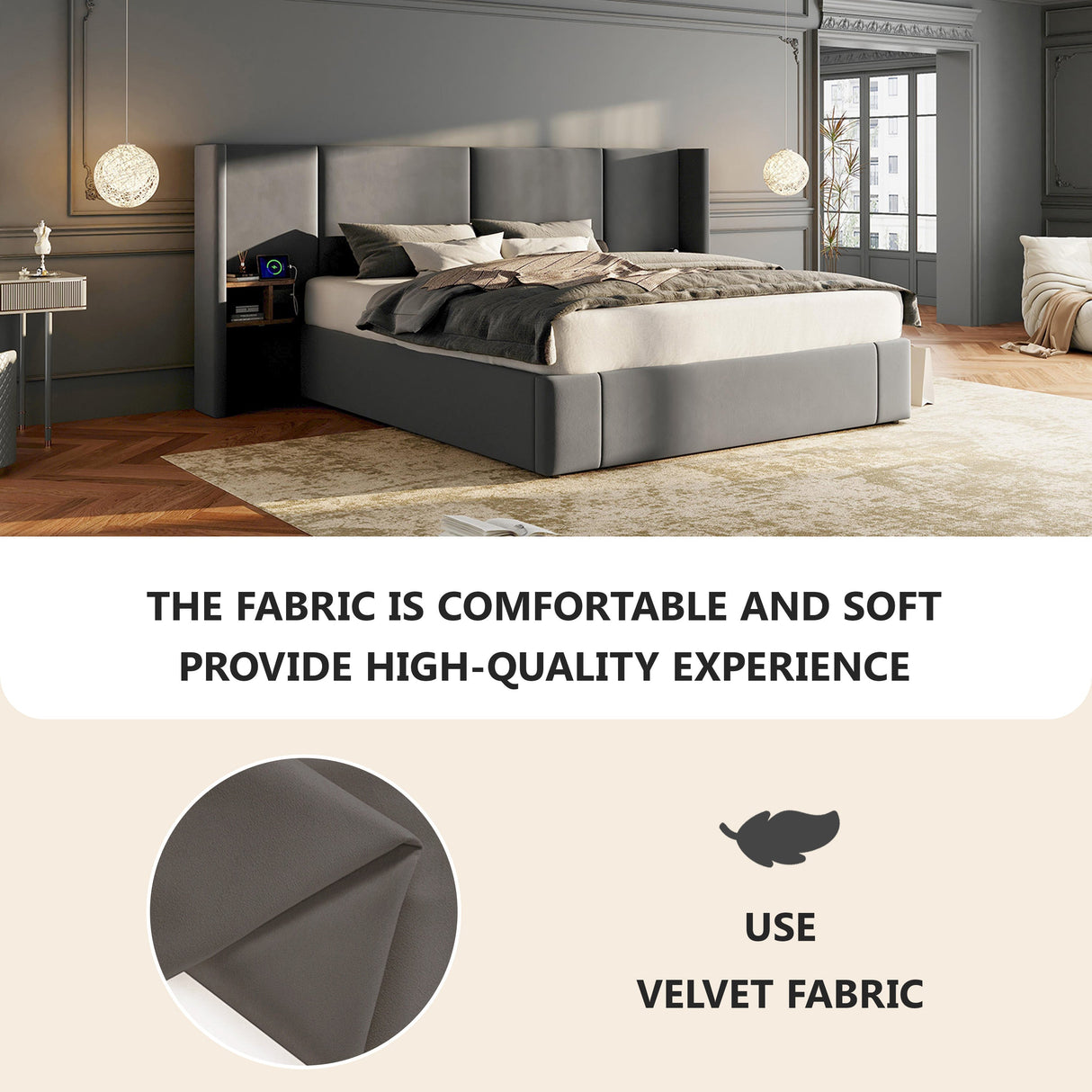 Upholstered King Size 5ft (150*200cm) Ottoman Lift Up Bed Frame with USB, Sockets & Bedside Tables, Velvet Grey