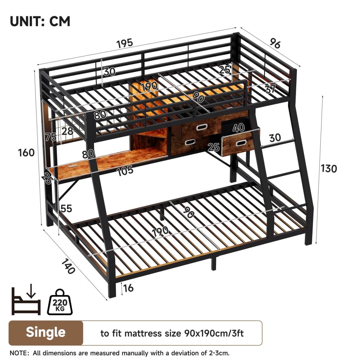 3ft Single over Single Metal Bunk Bed with Desk - RGB LED Lights, Charging Station, Grid Wall Panel, Fabric Storage Bins and Ladder, Black and Dark Walnut