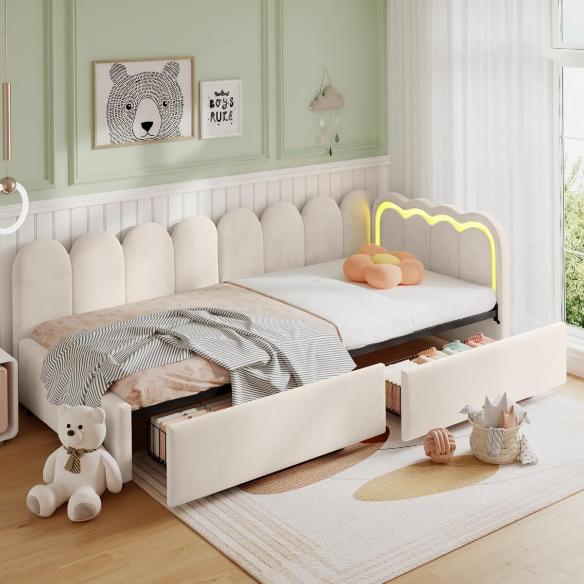 3ft Single Velvet Daybed - RGB LED Lights, 2 Storage Drawers, Scalloped Backrest, Beige
