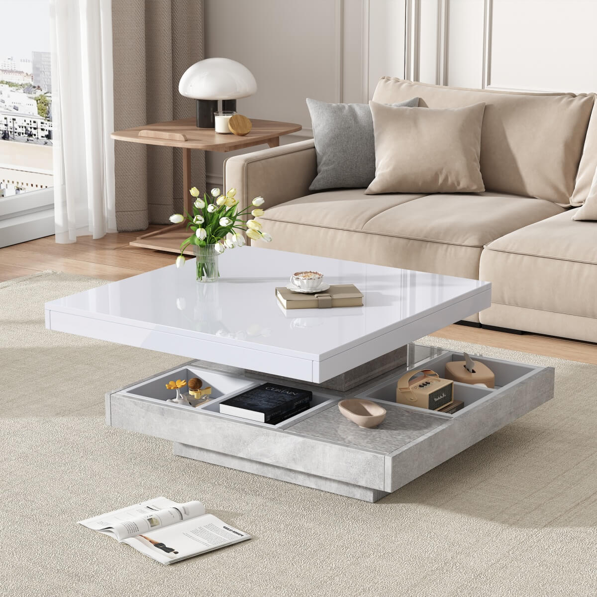 360° Rotating Coffee Table – High Gloss, Storage Compartments, Marble Effect, White