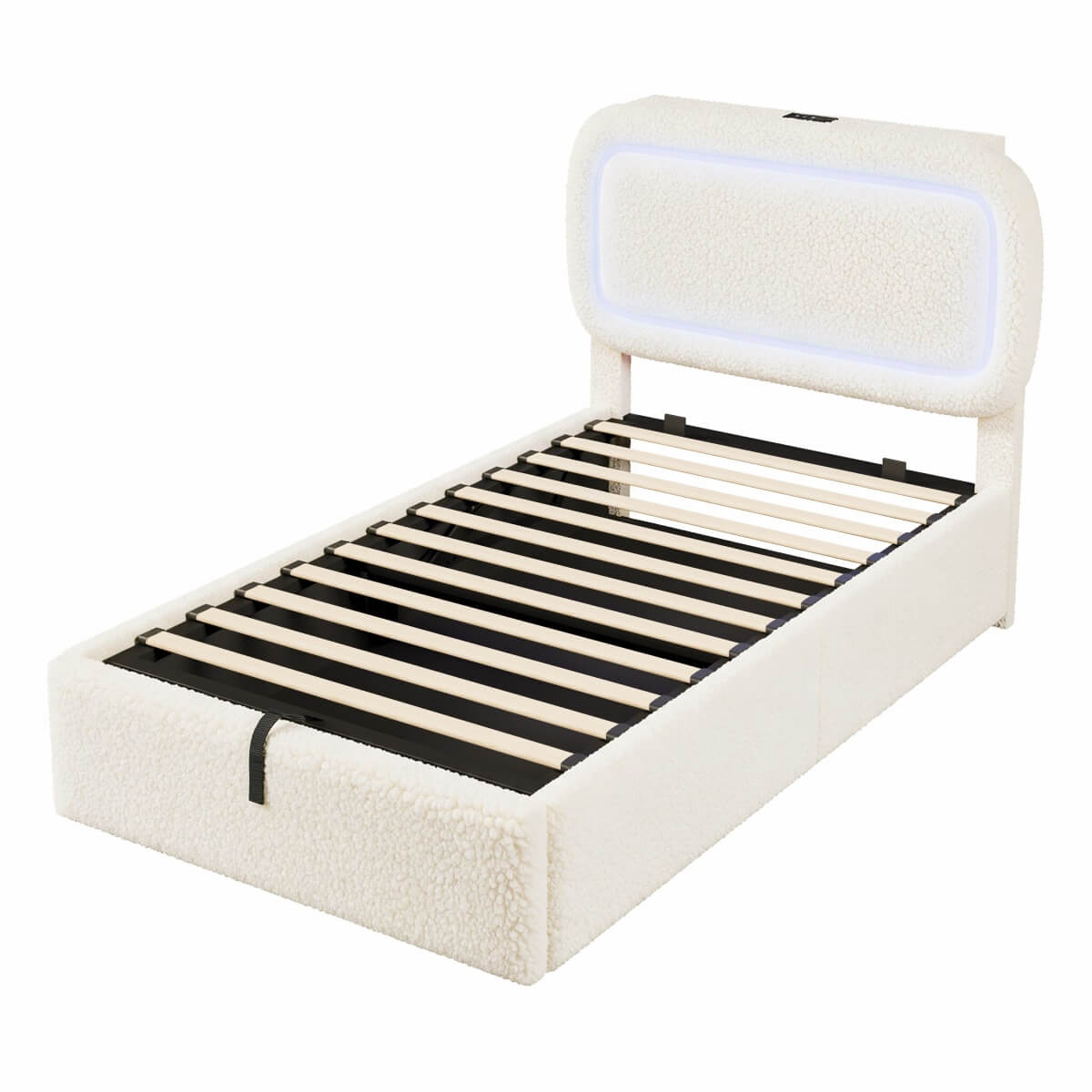 3ft Single Boucle Ottoman Bed Frame with Hydraulic Storage - RGB LED Lights, USB-C Charging Ports, Beige