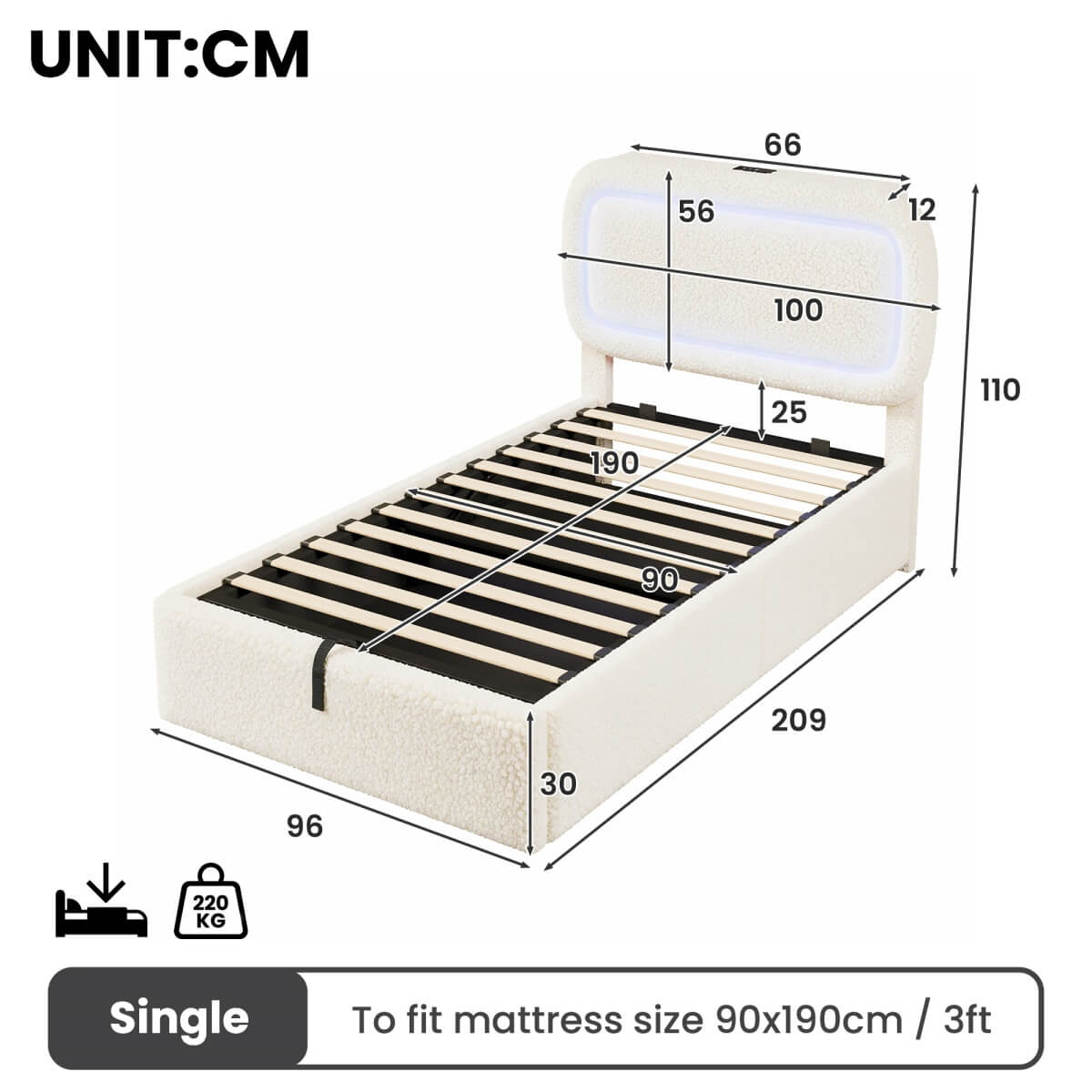 3ft Single Boucle Ottoman Bed Frame with Hydraulic Storage - RGB LED Lights, USB-C Charging Ports, Beige