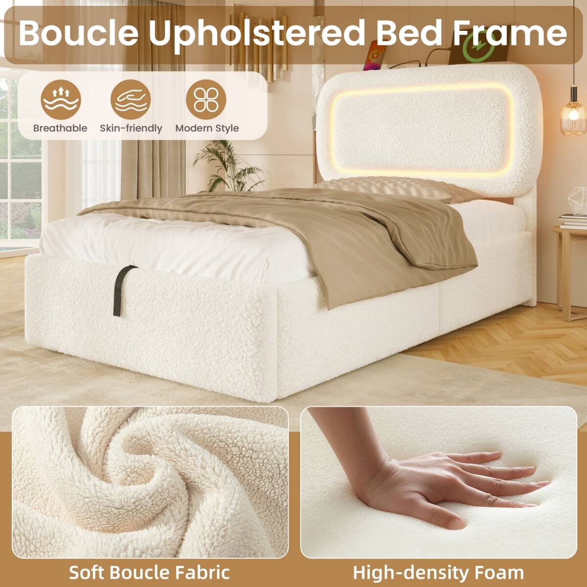 3ft Single Boucle Ottoman Bed Frame with Hydraulic Storage - RGB LED Lights, USB-C Charging Ports, Beige
