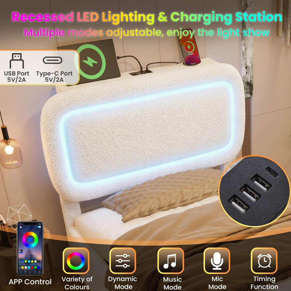 3ft Single Boucle Ottoman Bed Frame with Hydraulic Storage - RGB LED Lights, USB-C Charging Ports, Beige