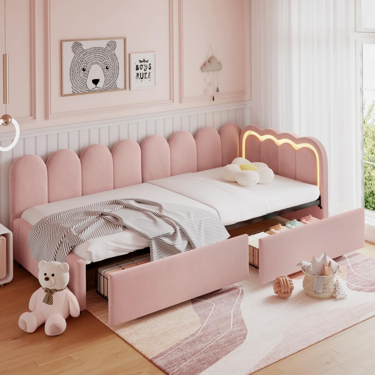 3ft Single Velvet Daybed - RGB LED Lights, 2 Storage Drawers, Scalloped Backrest, Pink