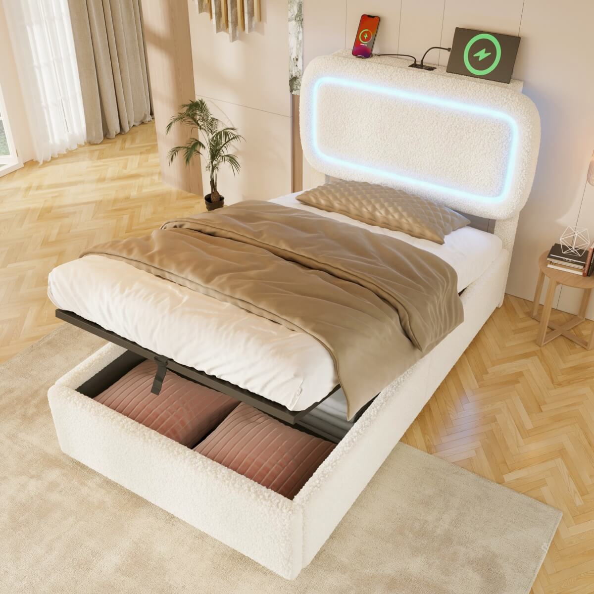 3ft Single Boucle Ottoman Bed Frame with Hydraulic Storage - RGB LED Lights, USB-C Charging Ports, Beige