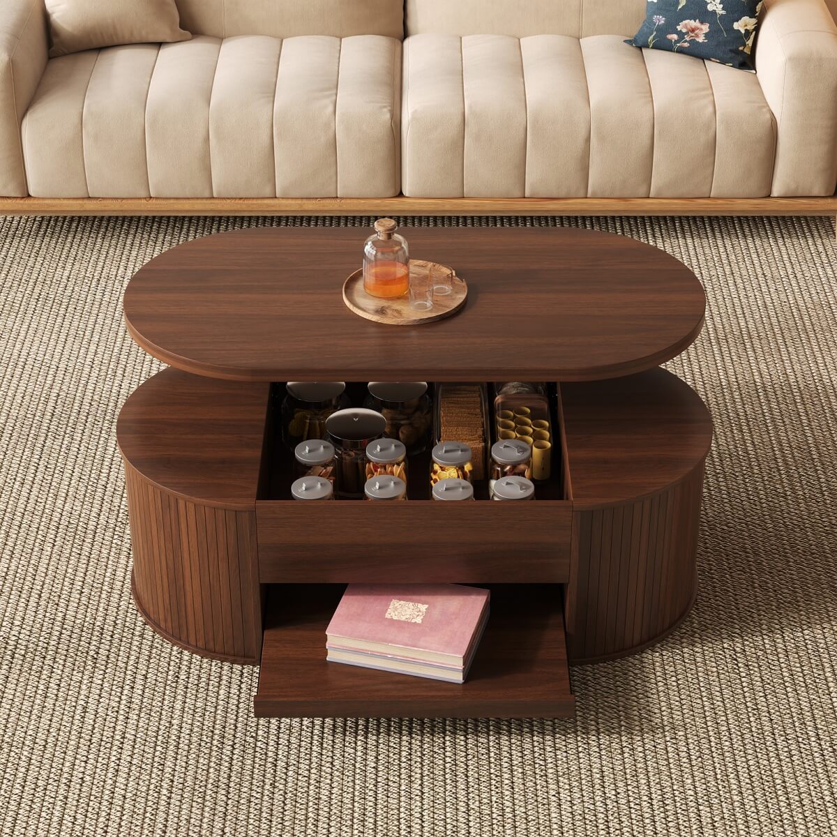 Lift-Top Coffee Table with Curved Wood Sides - Extendable Storage Centre Table for Living Room