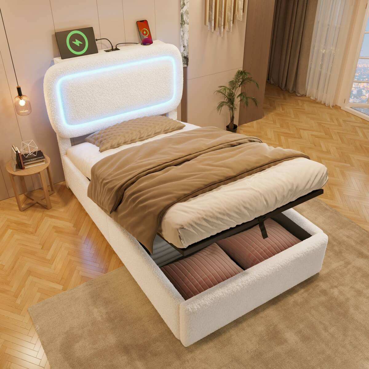 3ft Single Boucle Ottoman Bed Frame with Hydraulic Storage - RGB LED Lights, USB-C Charging Ports, Beige