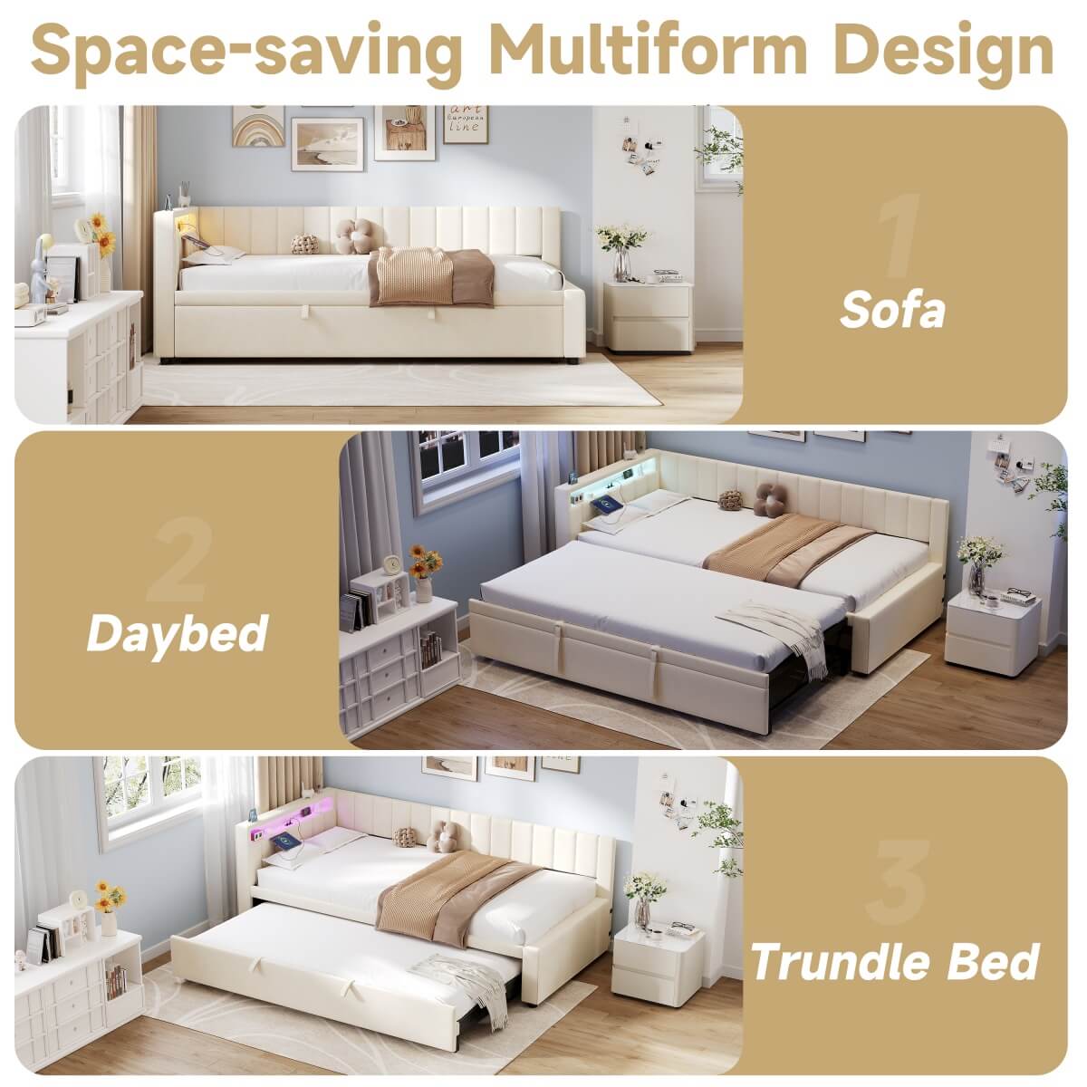 3ft Single Velvet Daybed with Trundle - Reversible Sofa Bed with RGB LED Lights and Charging Station, Beige