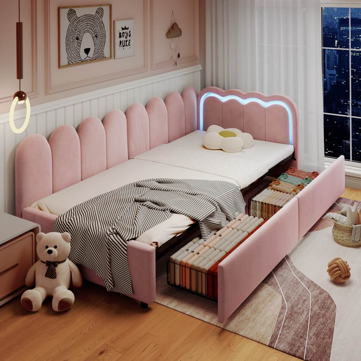 3ft Single Velvet Daybed - RGB LED Lights, 2 Storage Drawers, Scalloped Backrest, Pink