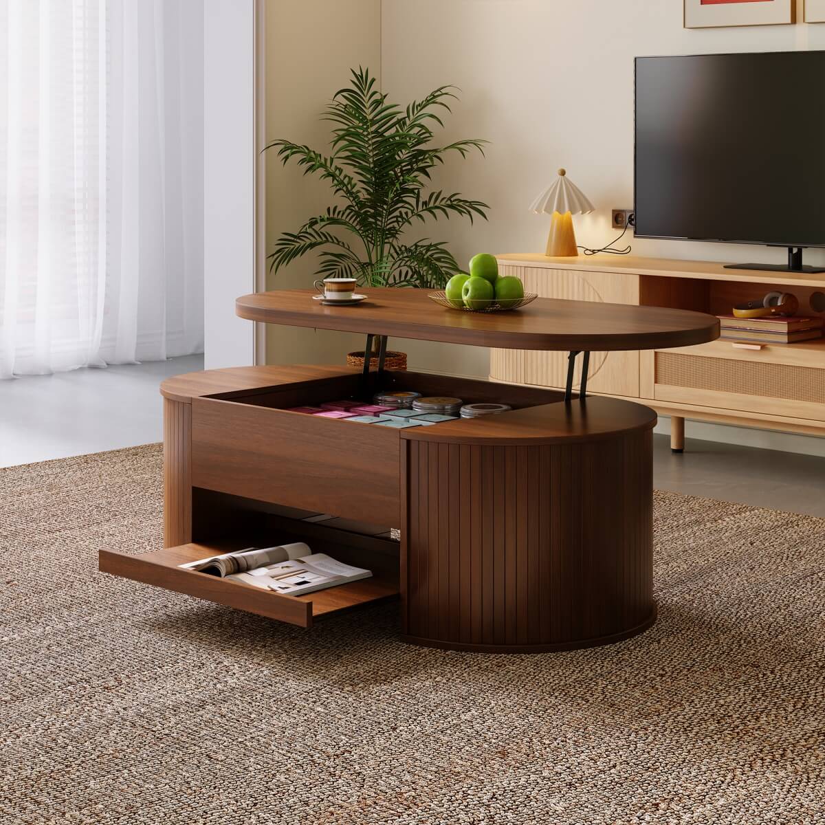 Lift-Top Coffee Table with Curved Wood Sides - Extendable Storage Centre Table for Living Room