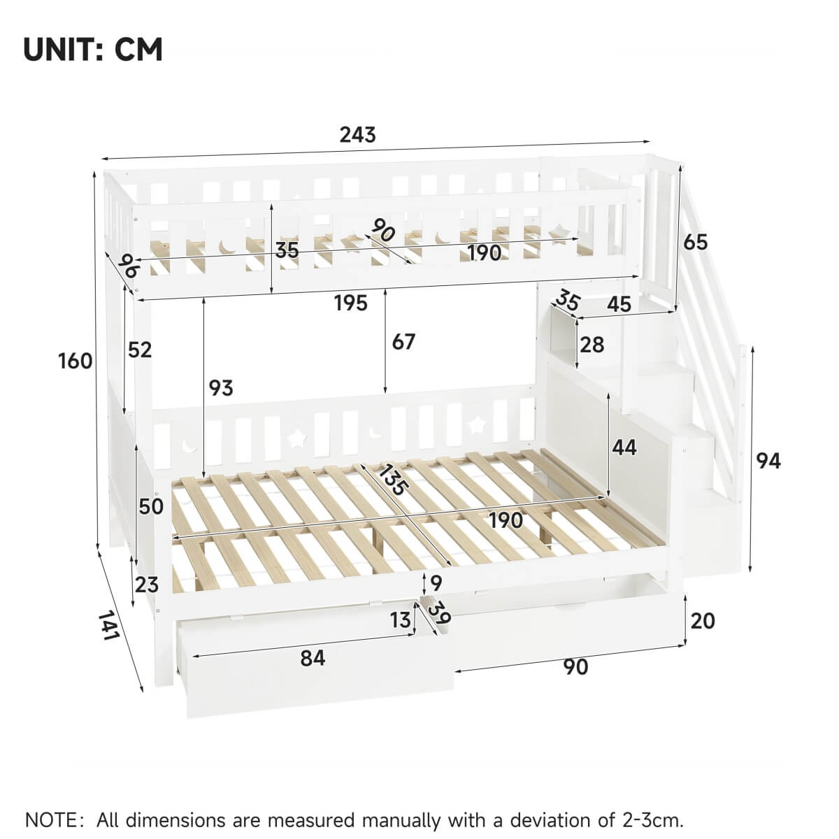 Wooden Bunk Bed with Storage Drawers and Stairs - Kids Loft Bed Frame with Guardrails, White