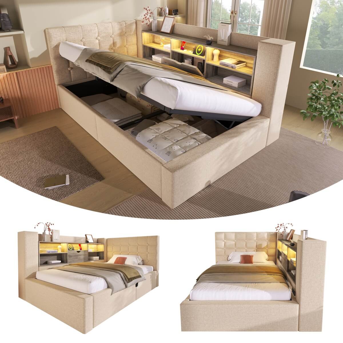 3ft Upholstered Daybed with Hydraulic Storage - Sofa Bed with USB & Type-C Charging, Beige