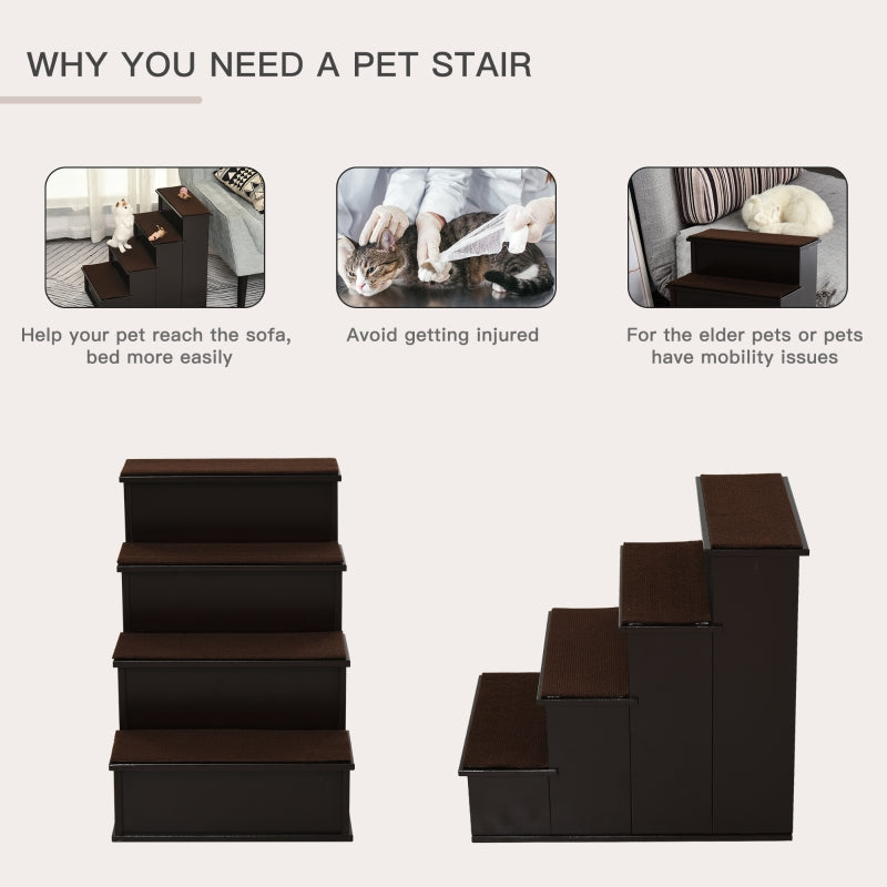 4 Step Wooden Dog Steps for Dogs, Non-Slip Carpet, Dark brown
