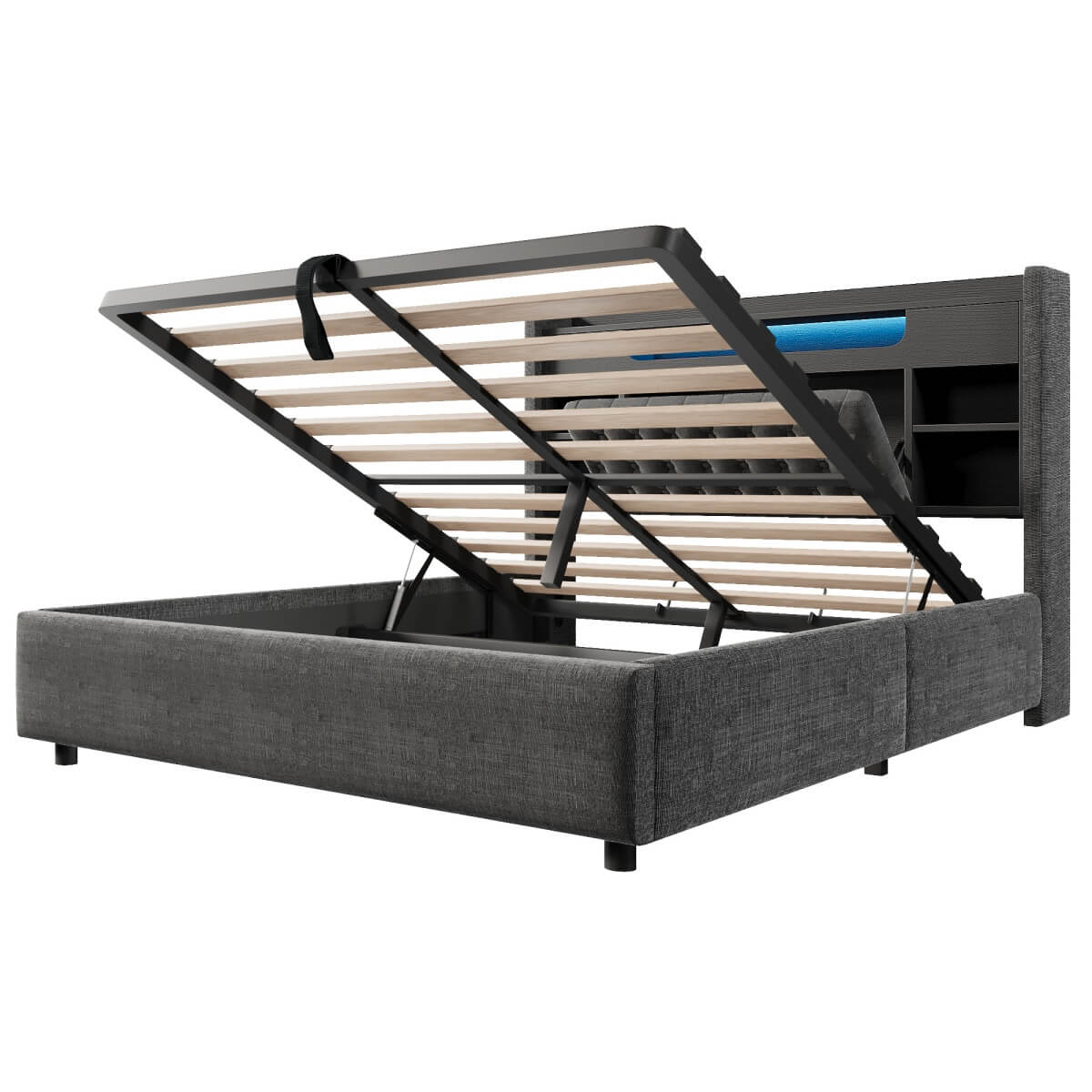 5ft King Size Upholstered Storage Bed with Hydraulic Lift - LED Lighting & Charging Station, Linen, Grey