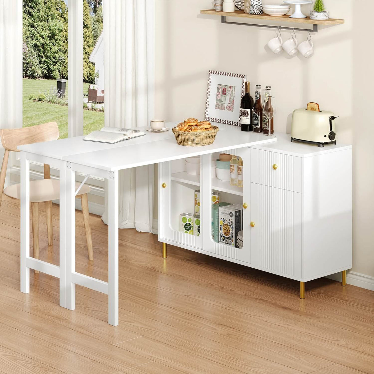Multifunctional Bar Table – Dining & Storage Cabinet with Rotating Extendable Top and Glass Doors