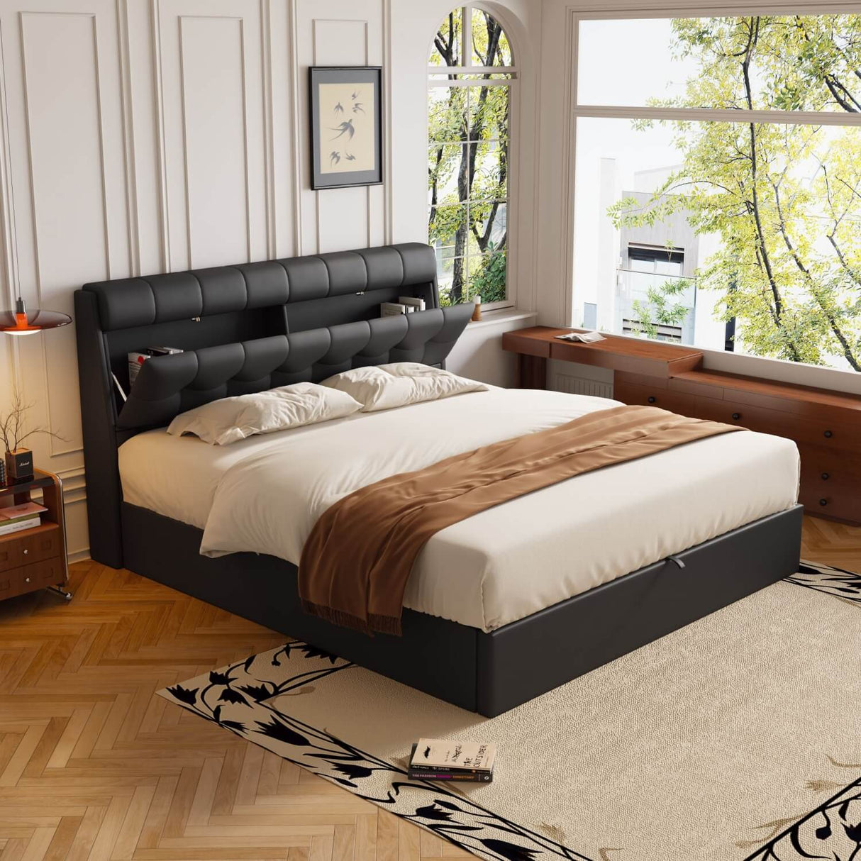 4ft6 Double Upholstered Bed – PU Hydraulic Bed with Concealed Headboard & Bed Box Storage