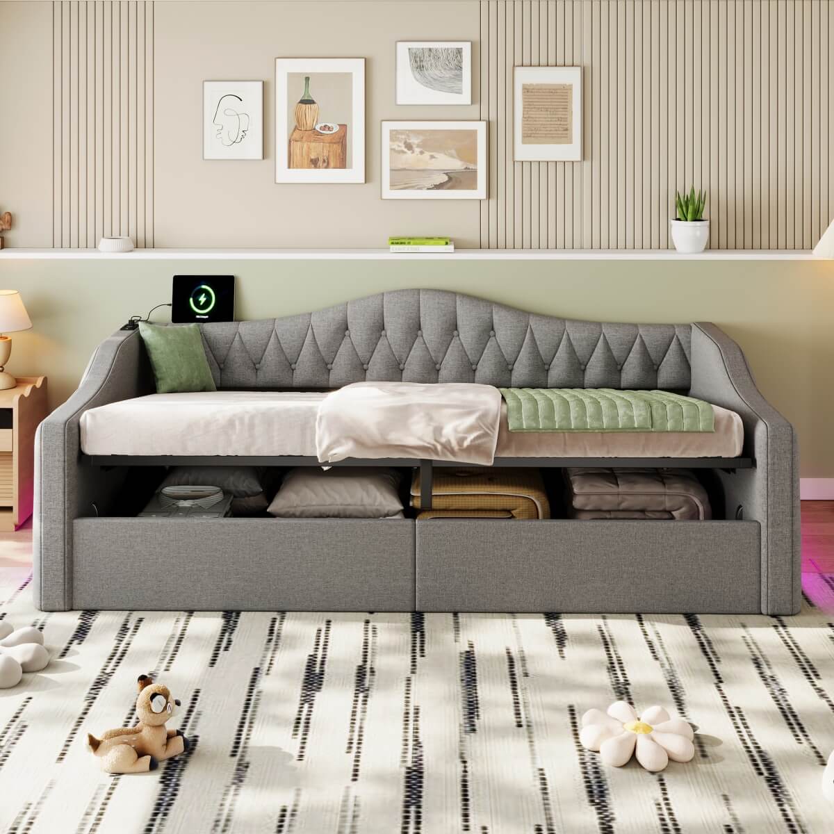 3ft Single Upholstered Ottoman Daybed - Linen Sofa Bed with Hydraulic Storage, Button-Tufted Headboard and Charging Station, Grey