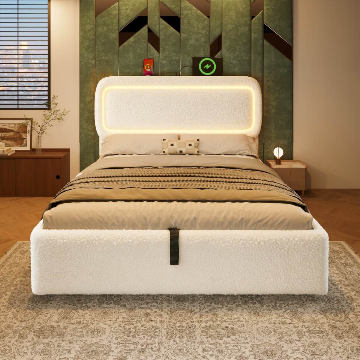4ft6 Double Boucle Ottoman Bed Frame with Hydraulic Storage - RGB LED Lights, USB-C Charging Ports, Beige