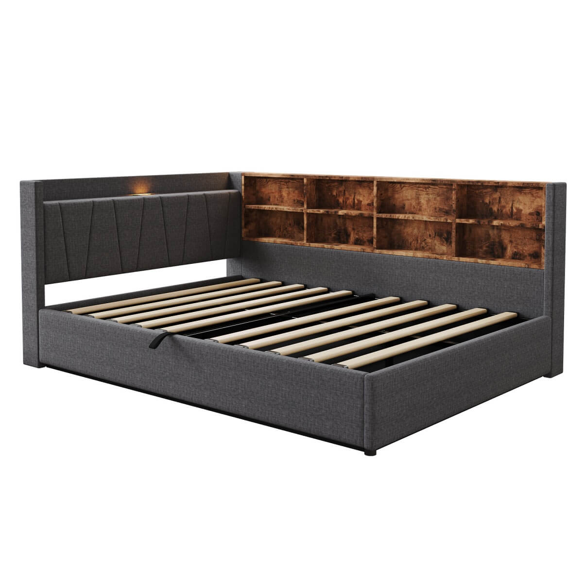 4ft6 Double Ottoman Bed Frame with Hydraulic Storage - Upholstered Linen Bed with LED Headboard, Charging Station, Bedside Shelves and Storage Compartments, Grey