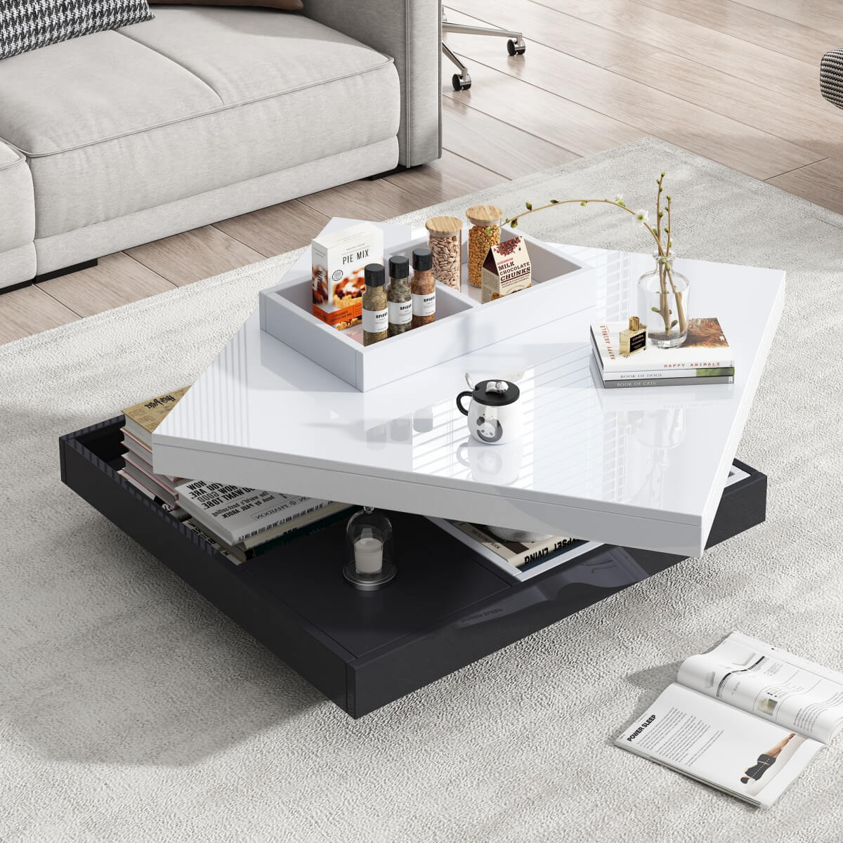 360° Rotating Coffee Table – High Gloss Storage Table with Compartments, Marble Effect
