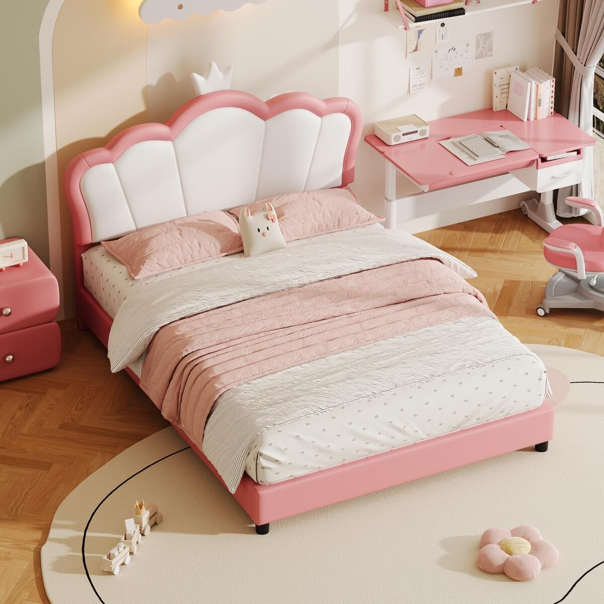 4ft6 Double Upholstered Bed Frame with Adjustable Crown Headboard - PU Platform Bed with Sturdy Support, Easy Assembly, Pink and White