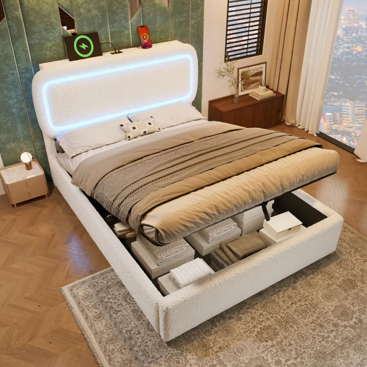 4ft6 Double Boucle Ottoman Bed Frame with Hydraulic Storage - RGB LED Lights, USB-C Charging Ports, Beige