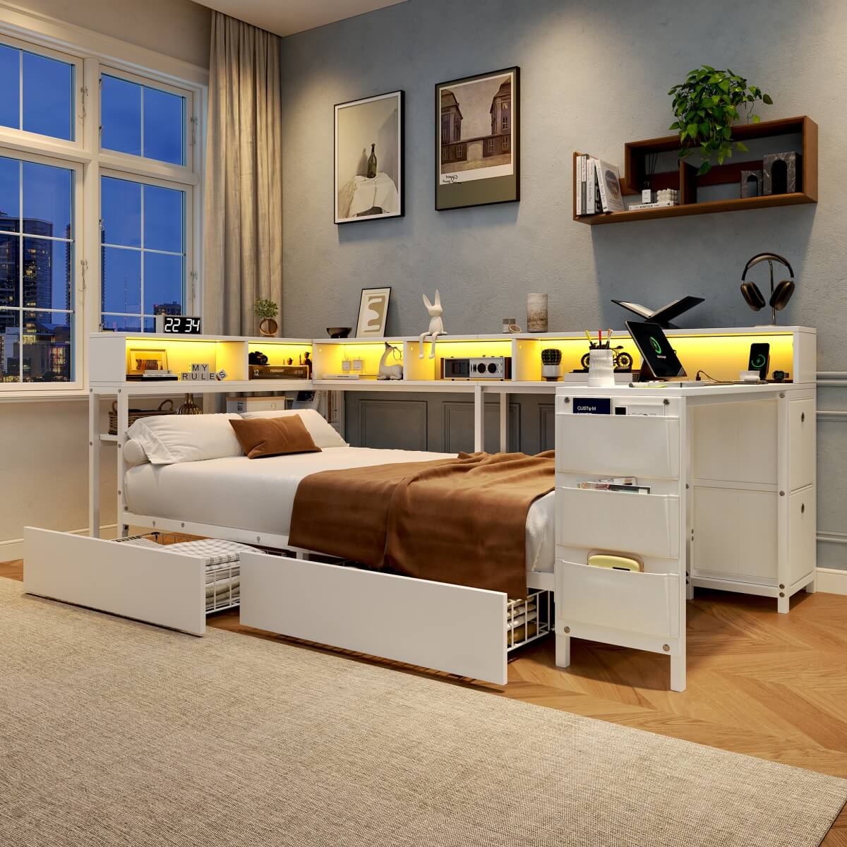 3ft Single Metal Bed Frame with Storage Drawers - LED Bed with Bedside Shelves, Charging Station, Built-In Desk and Fabric Storage Bin, White