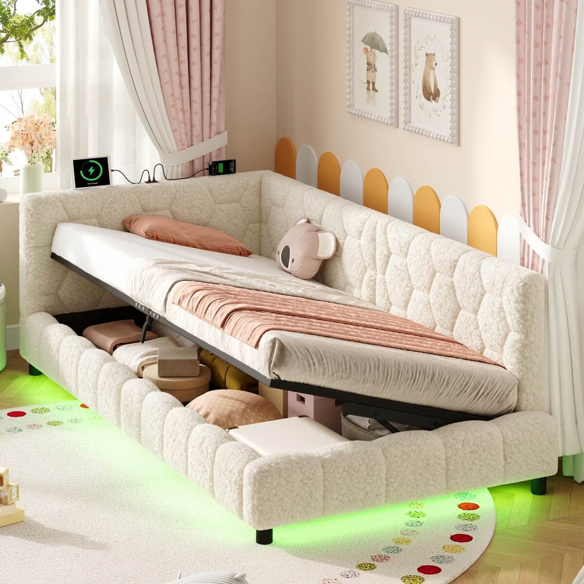 3ft Single Boucle Hydraulic Storage Bed - Side Opening Bed with RGB LED Lights and Charging Station, Beige