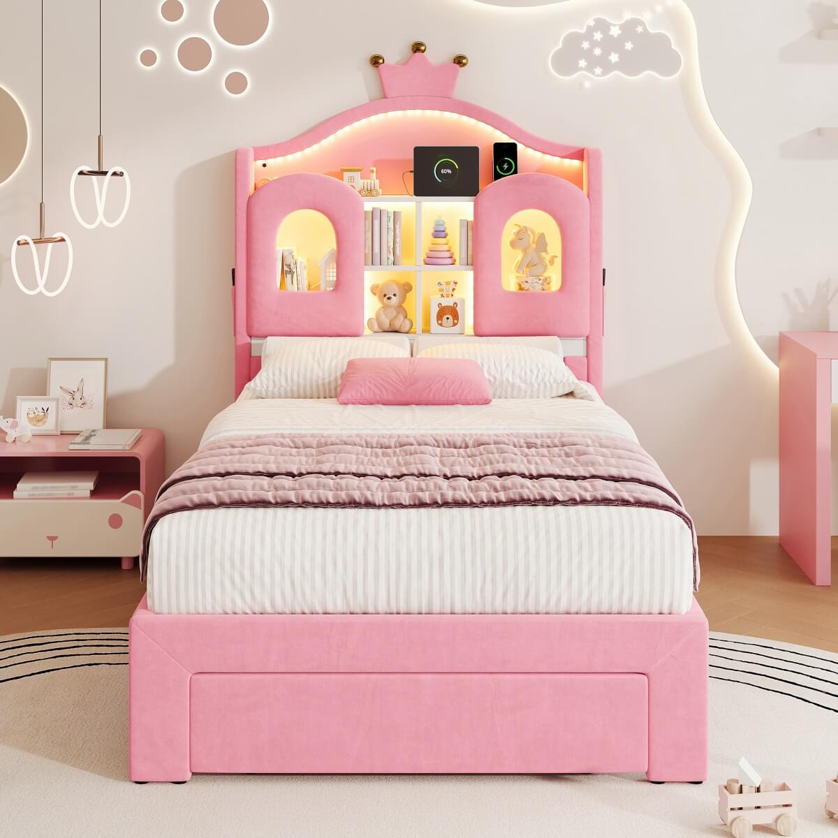 3ft Single Upholstered Storage Bed - Velvet Bed Frame with LED Headboard, Drawer Storage, USB & Type-C Charging Ports, Pink