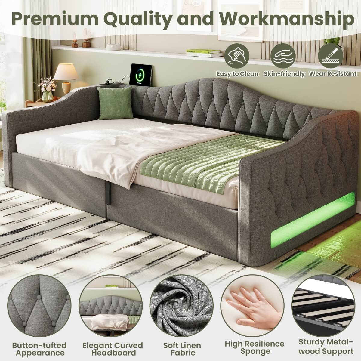 3ft Single Upholstered Ottoman Daybed - Linen Sofa Bed with Hydraulic Storage, Button-Tufted Headboard and Charging Station, Grey