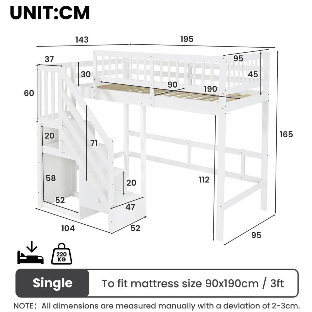 3ft Single Wooden Loft Bed - Storage Staircase with Open Compartments, Under-Bed Space and Full-Length Safety Guard Rails, White