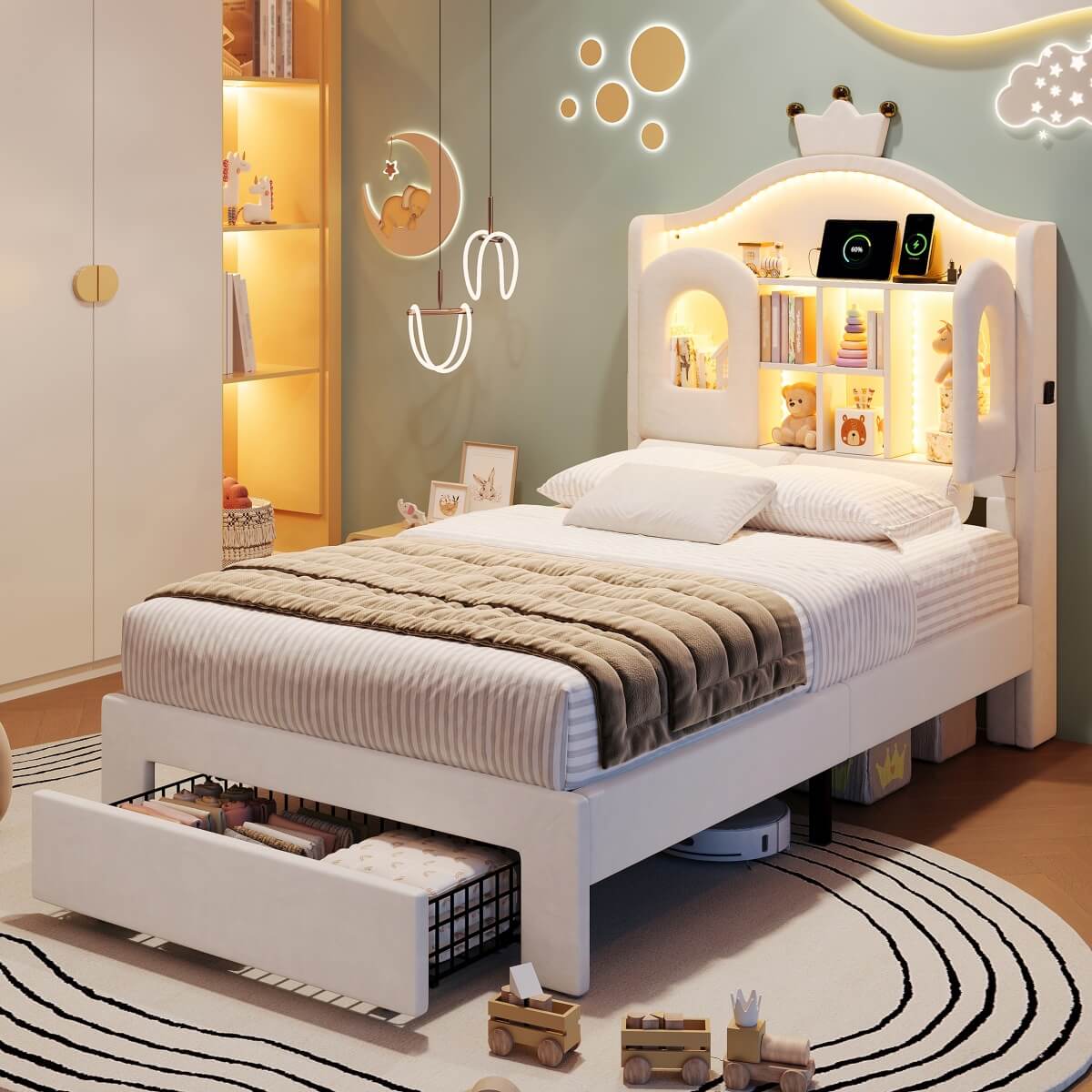 3ft Single Upholstered Storage Bed - Velvet Bed Frame with LED Headboard, Drawer Storage, USB & Type-C Charging Ports, Beige