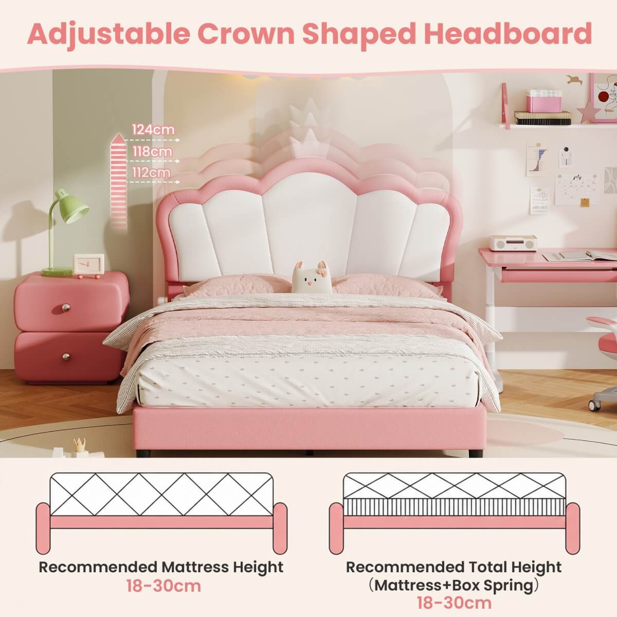 4ft6 Double Upholstered Bed Frame with Adjustable Crown Headboard - PU Platform Bed with Sturdy Support, Easy Assembly, Pink and White