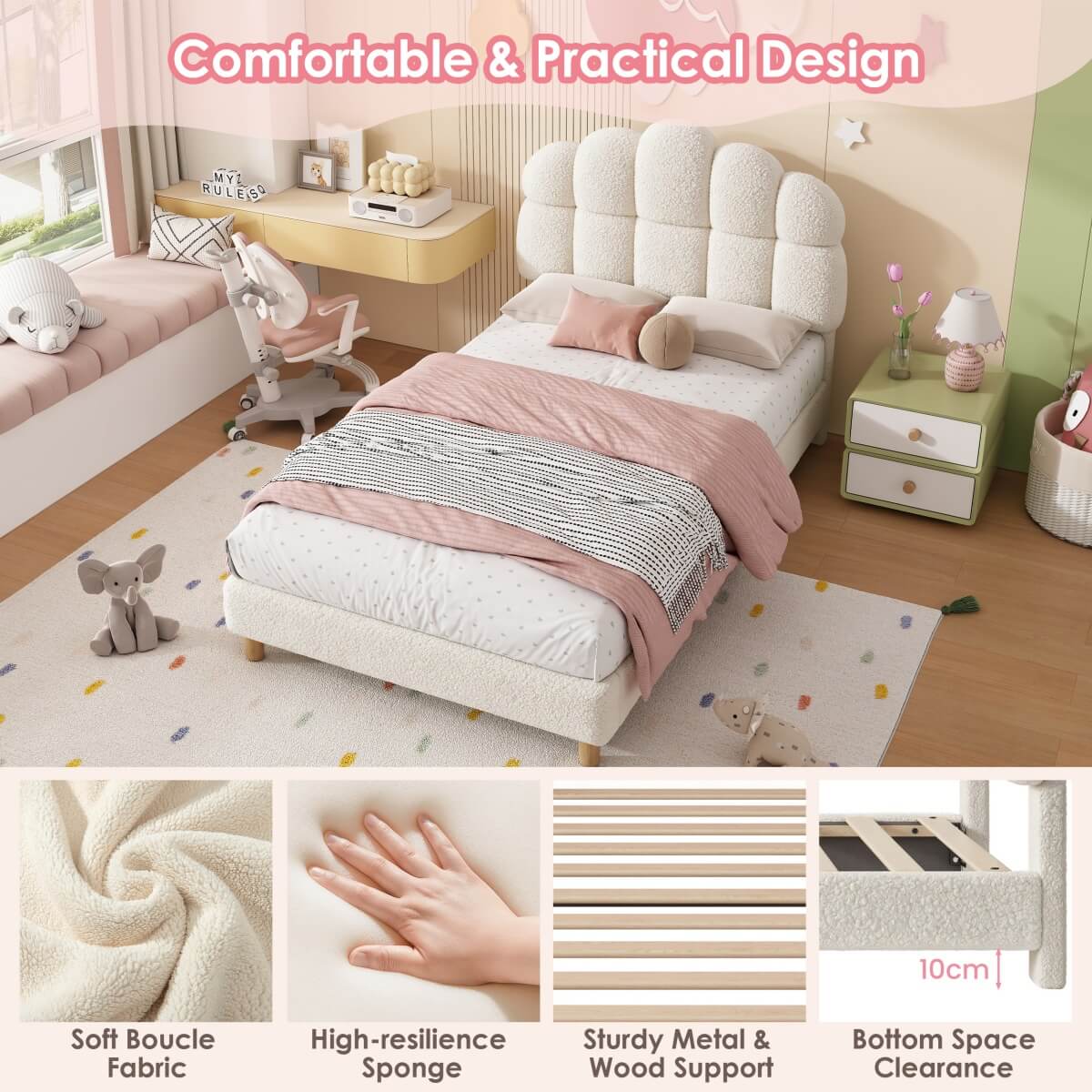 3ft Single Boucle Upholstered Bed Frame with Cloud-Shaped Headboard - Adjustable Headboard, Solid Wood Legs and Sturdy Support, No Box Spring Required, Cream White