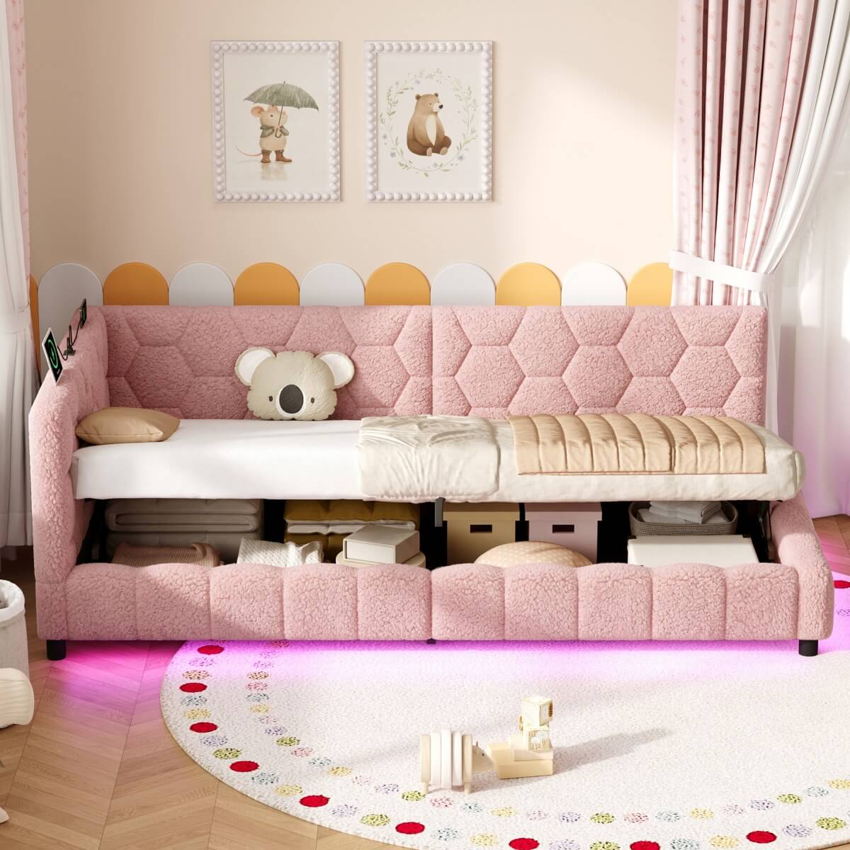 3ft Single Boucle Hydraulic Storage Bed - Side Opening Bed with RGB LED Lights and Charging Station, Pink