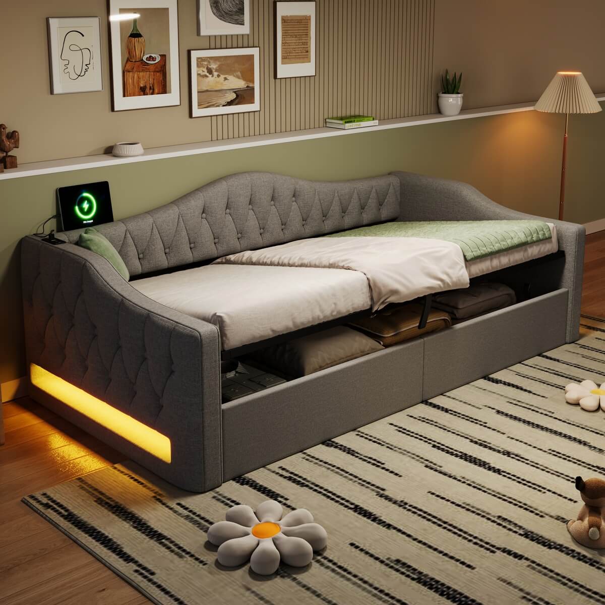 3ft Single Upholstered Ottoman Daybed - Linen Sofa Bed with Hydraulic Storage, Button-Tufted Headboard and Charging Station, Grey