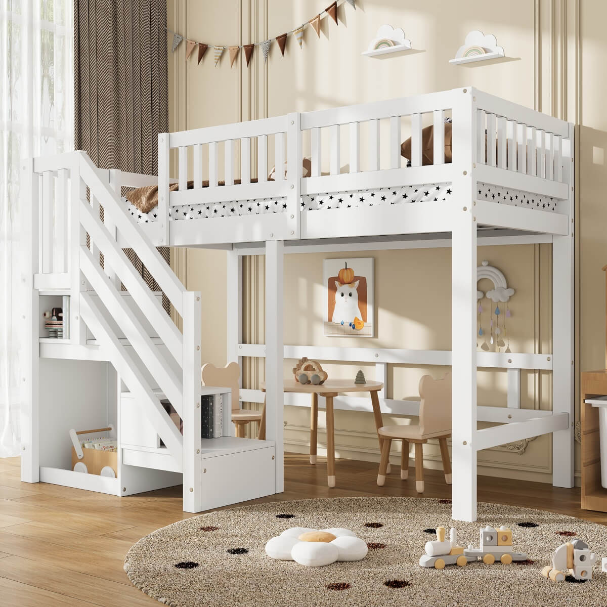 3ft Single Wooden Loft Bed - Storage Staircase with Open Compartments, Under-Bed Space and Full-Length Safety Guard Rails, White