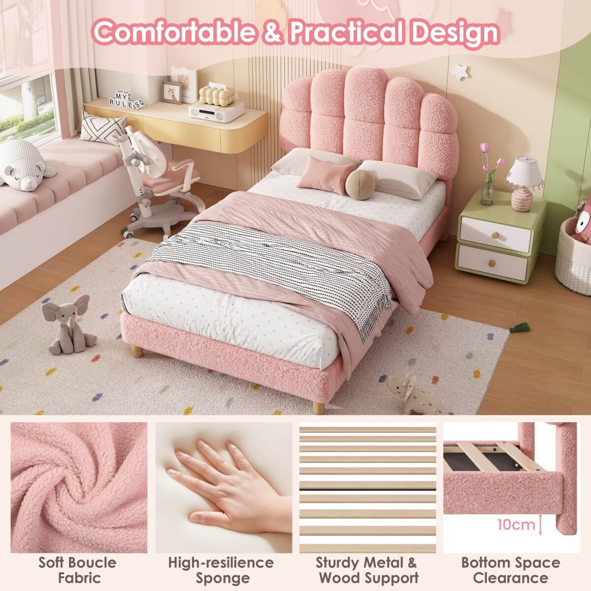 3ft Single Boucle Upholstered Bed Frame with Cloud-Shaped Headboard - Adjustable Headboard, Solid Wood Legs and Sturdy Support, No Box Spring Required, Pink