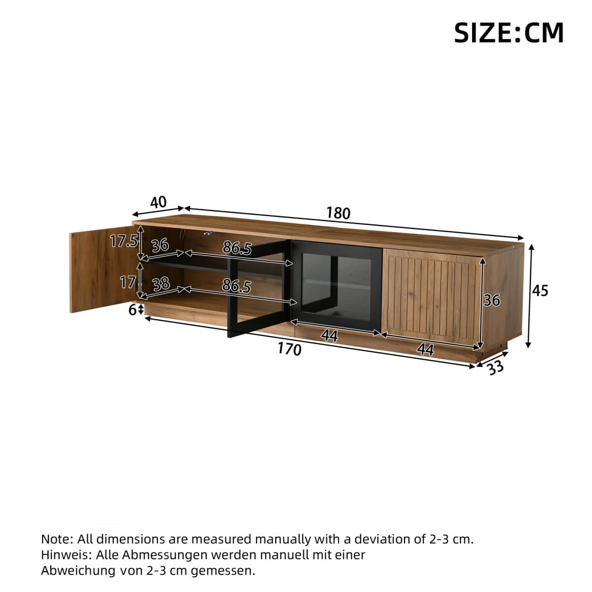 180cm TV Unit for TVs up to 75 Inch - Natural Wood Effect and Black TV Stand with Glass Doors, LED Light Strip and Large Storage Cabinets