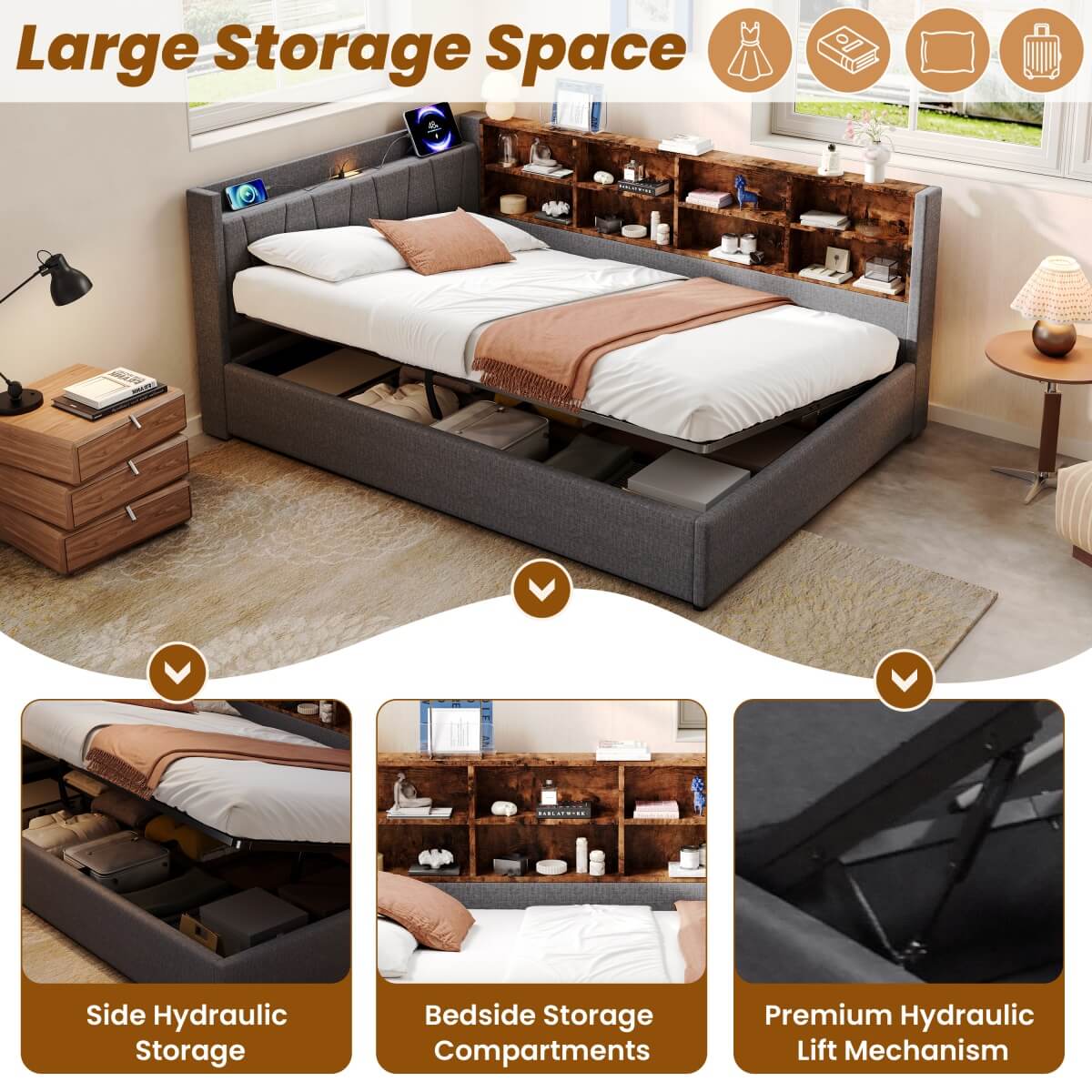 4ft6 Double Ottoman Bed Frame with Hydraulic Storage - Upholstered Linen Bed with LED Headboard, Charging Station, Bedside Shelves and Storage Compartments, Grey